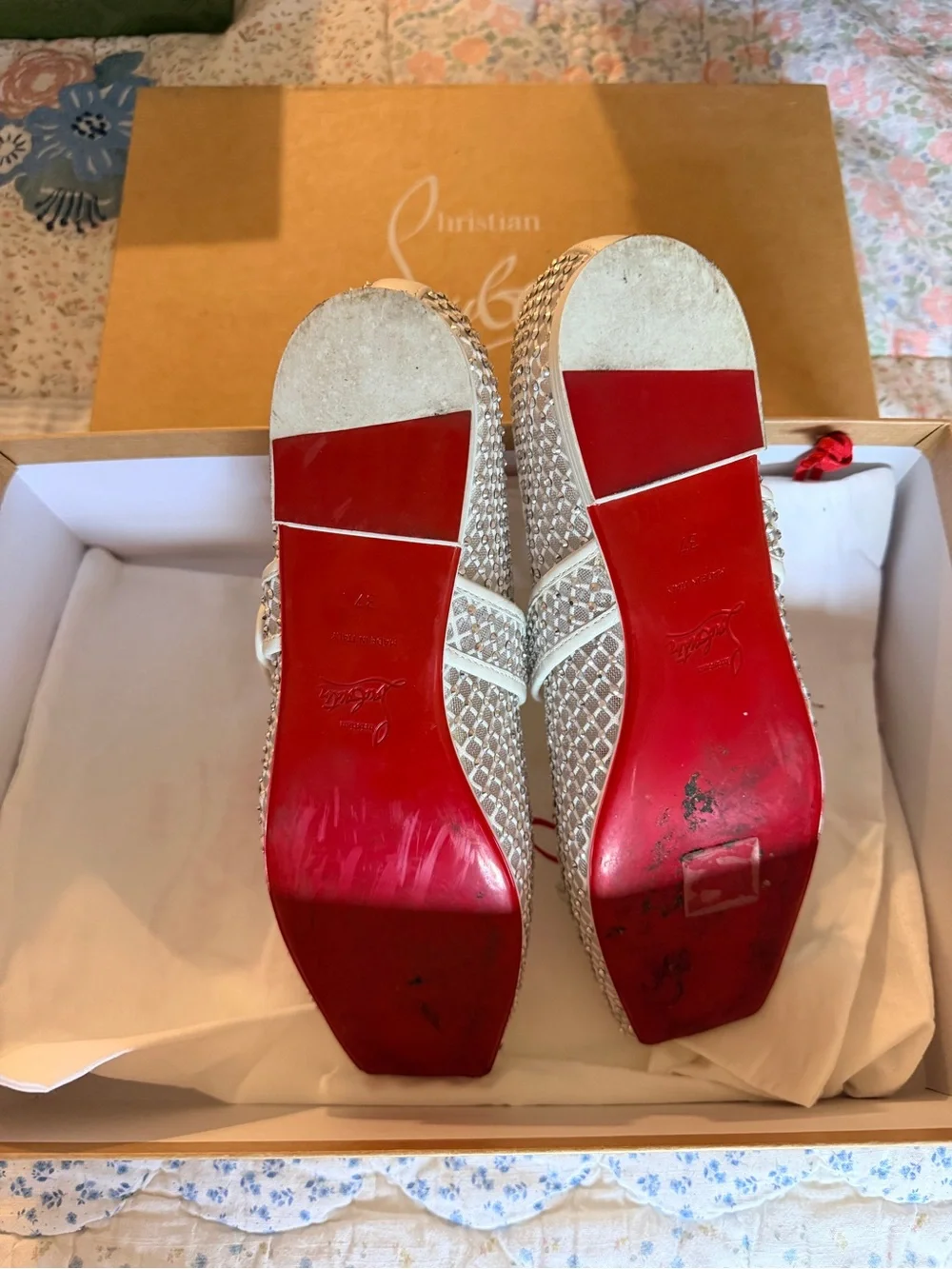 Christian Louboutin White Woven Mary Jane Flats